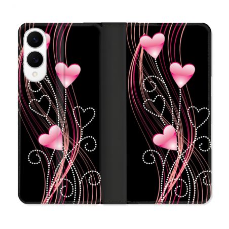 Housse Cuir Portefeuille Pour Samsung Galaxy S25 EDGE Amour Coeur Rose Montant sur Noir