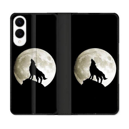 Housse Cuir Portefeuille Pour Samsung Galaxy S25 EDGE Animal Loup Noir