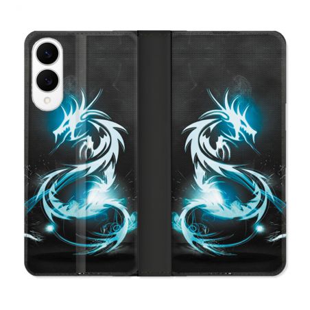 Housse Cuir Portefeuille Pour Samsung Galaxy S25 EDGE Fantastique Dragon Bleu