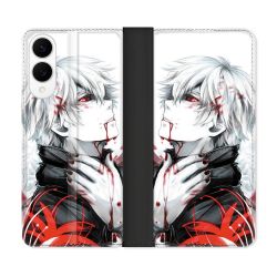 Housse Cuir Portefeuille Pour Samsung Galaxy S25 EDGE Manga Tokyo Ghoul Kaneki Blanc