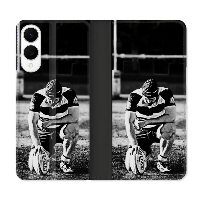 Housse Cuir Portefeuille Pour Samsung Galaxy S25 EDGE Sport Rugby Noir Blanc