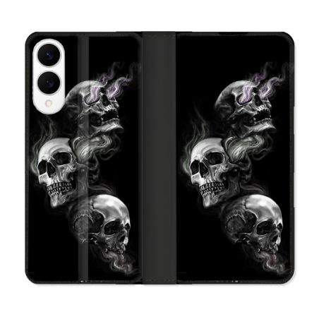 Housse Cuir Portefeuille Pour Samsung Galaxy S25 EDGE Tete de Mort Triple