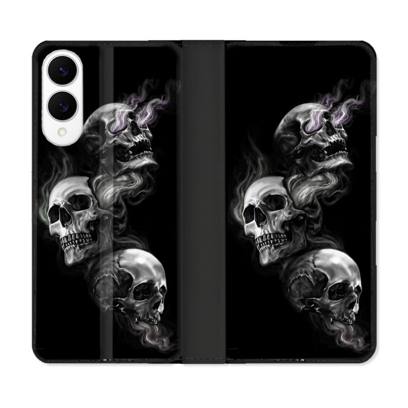 Housse Cuir Portefeuille Pour Samsung Galaxy S25 EDGE Tete de Mort Triple