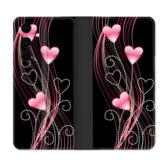Housse Cuir Portefeuille Pour Samsung Galaxy S25 FE Amour Coeur Rose Montant sur Noir