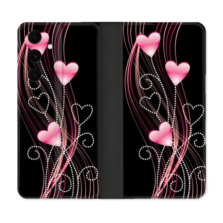 Housse Cuir Portefeuille Pour Samsung Galaxy S25 FE Amour Coeur Rose Montant sur Noir