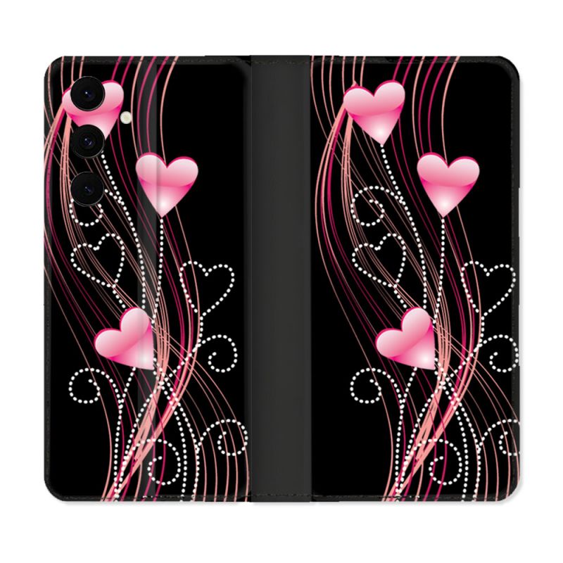 Housse Cuir Portefeuille Pour Samsung Galaxy S25 FE Amour Coeur Rose Montant sur Noir