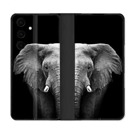 Housse Cuir Portefeuille Pour Samsung Galaxy S25 FE Animal Elephant Noir