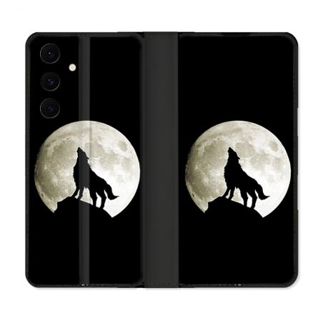 Housse Cuir Portefeuille Pour Samsung Galaxy S25 FE Animal Loup Noir