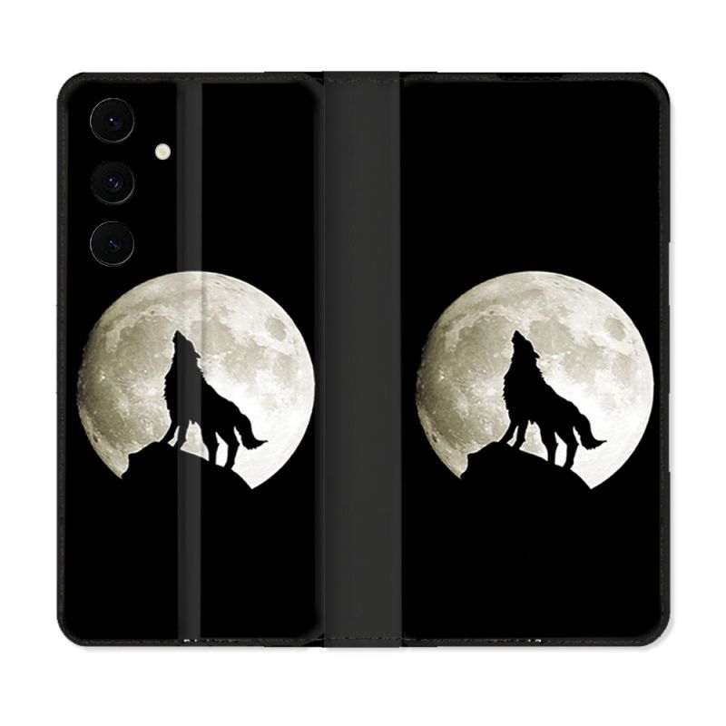 Housse Cuir Portefeuille Pour Samsung Galaxy S25 FE Animal Loup Noir