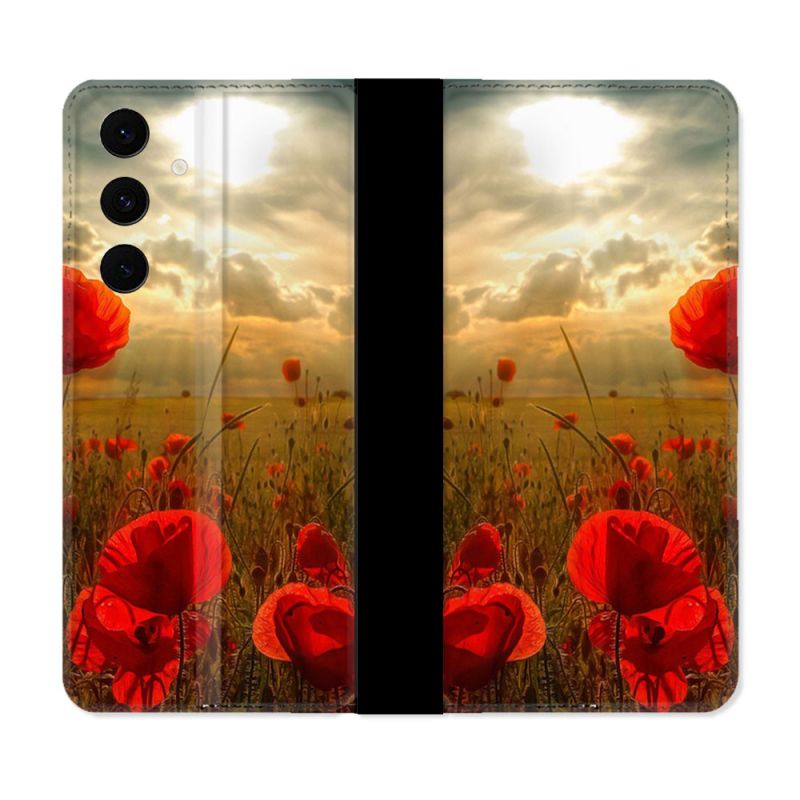 Housse Cuir Portefeuille Pour Samsung Galaxy S25 FE Fleur Coquelicot