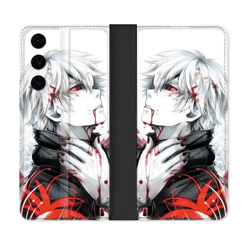 Housse Cuir Portefeuille Pour Samsung Galaxy S25 FE Manga Tokyo Ghoul Kaneki Blanc