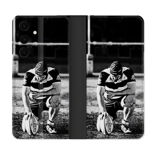 Housse Cuir Portefeuille Pour Samsung Galaxy S25 FE Sport Rugby Noir Blanc