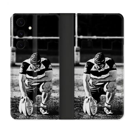 Housse Cuir Portefeuille Pour Samsung Galaxy S25 FE Sport Rugby Noir Blanc