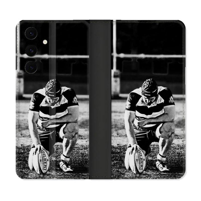 Housse Cuir Portefeuille Pour Samsung Galaxy S25 FE Sport Rugby Noir Blanc