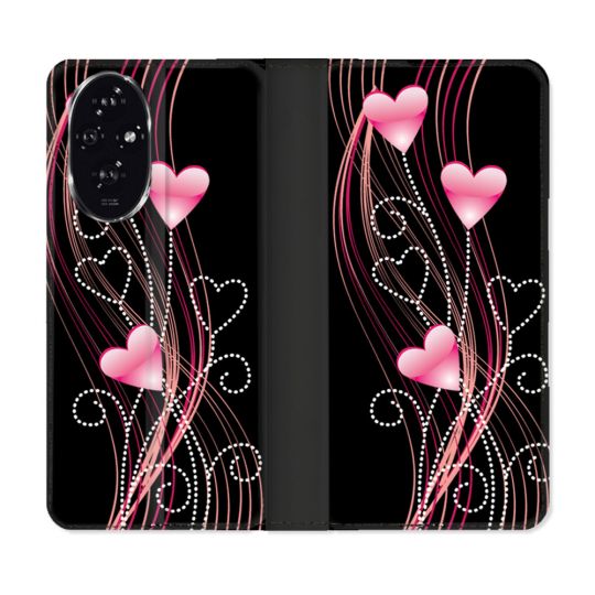Housse cuir portefeuille Pour Honor 200 5G Amour Coeur Rose Montant sur Noir