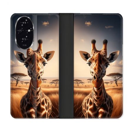 Housse cuir portefeuille Pour Honor 200 5G Animal Girafe Savane