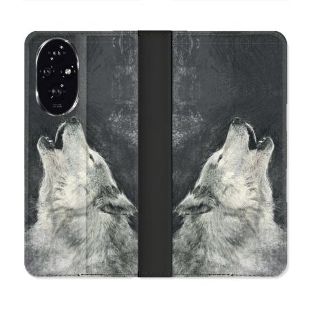 Housse cuir portefeuille Pour Honor 200 5G Animal Loup Hurlement