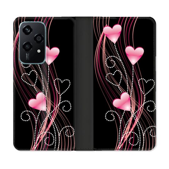 Housse cuir portefeuille Pour Honor 200 Lite 5G Amour Coeur Rose Montant sur Noir