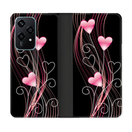 Housse cuir portefeuille Pour Honor 200 Lite 5G Amour Coeur Rose Montant sur Noir