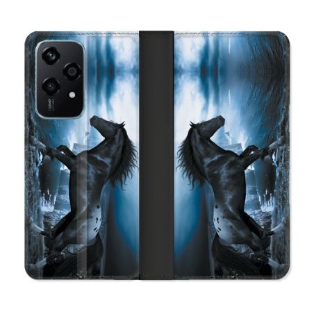 Housse cuir portefeuille Pour Honor 200 Lite 5G Animal Cheval Noir