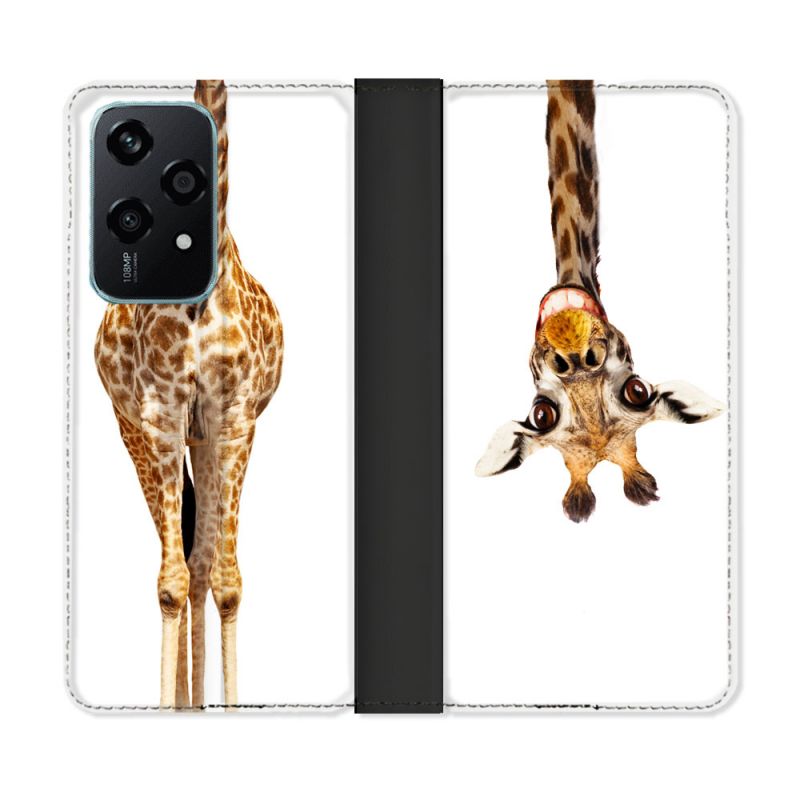 Housse cuir portefeuille Pour Honor 200 Lite 5G Animal Girafe Blanche