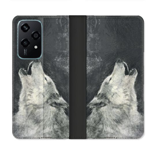 Housse cuir portefeuille Pour Honor 200 Lite 5G Animal Loup Hurlement