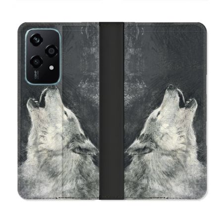 Housse cuir portefeuille Pour Honor 200 Lite 5G Animal Loup Hurlement