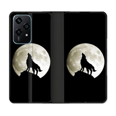 Housse cuir portefeuille Pour Honor 200 Lite 5G Animal Loup Noir