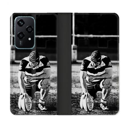 Housse cuir portefeuille Pour Honor 200 Lite 5G Sport Rugby Noir Blanc