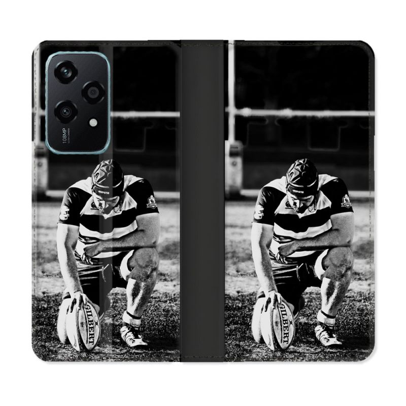 Housse cuir portefeuille Pour Honor 200 Lite 5G Sport Rugby Noir Blanc