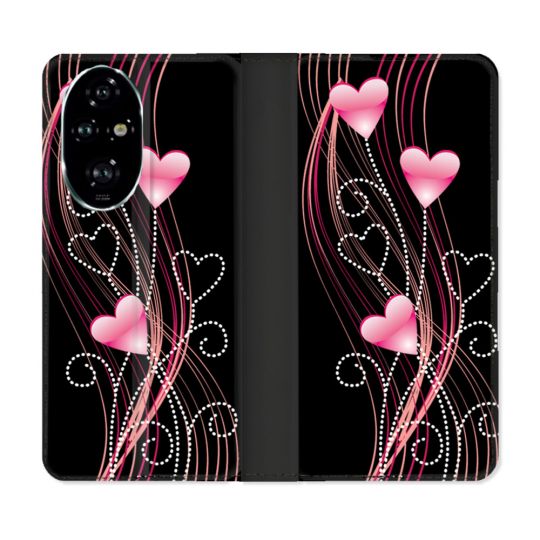 Housse cuir portefeuille Pour Honor 200 Pro 5G Amour Coeur Rose Montant sur Noir