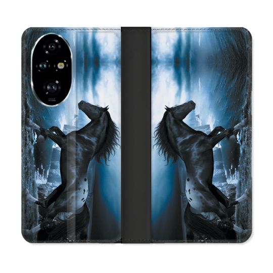 Housse cuir portefeuille Pour Honor 200 Pro 5G Animal Cheval Noir