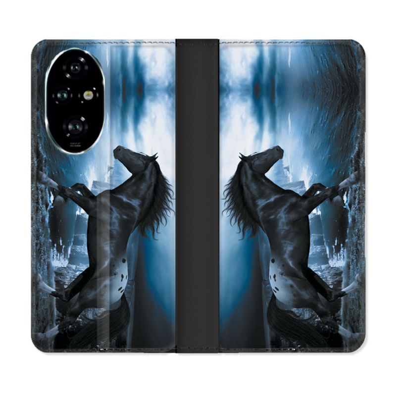 Housse cuir portefeuille Pour Honor 200 Pro 5G Animal Cheval Noir