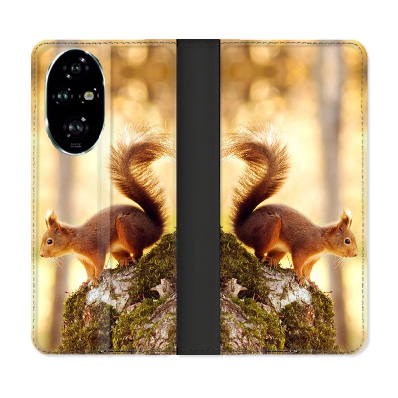 Housse cuir portefeuille Pour Honor 200 Pro 5G Animal Ecureuil Bois