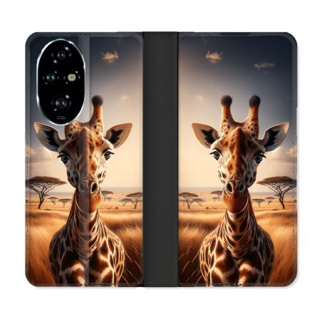 Housse cuir portefeuille Pour Honor 200 Pro 5G Animal Girafe Savane