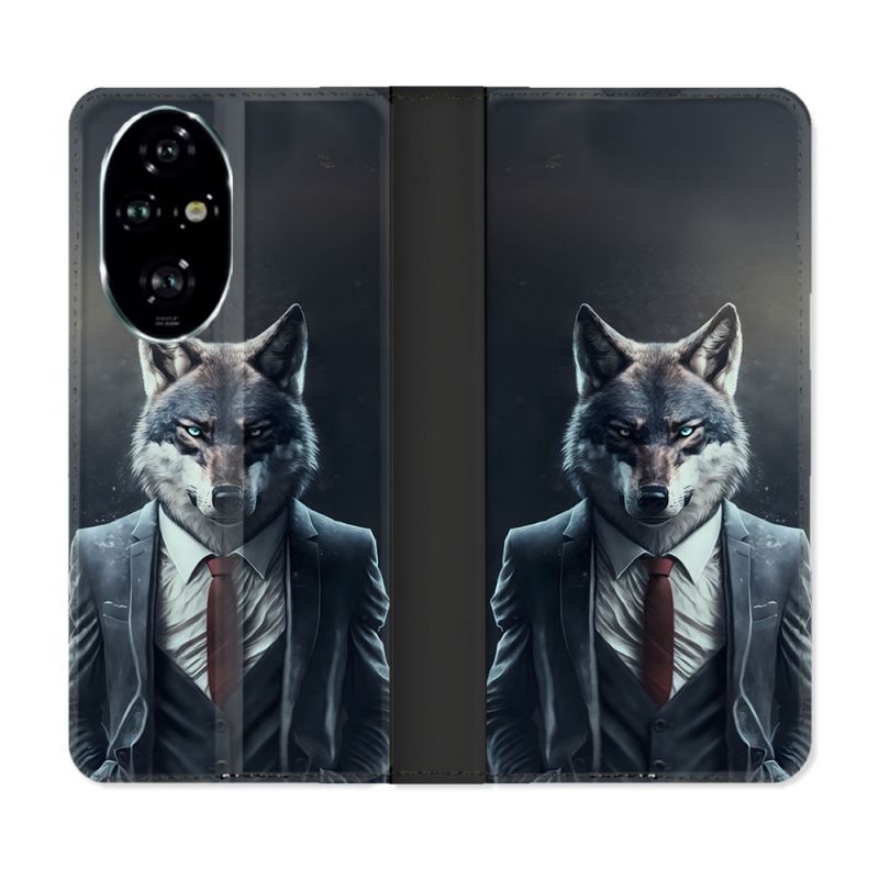 Housse cuir portefeuille Pour Honor 200 Pro 5G Animal Loup Business
