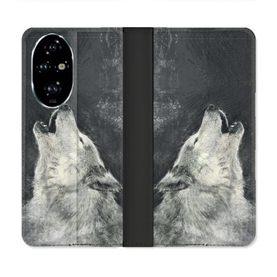 Housse cuir portefeuille Pour Honor 200 Pro 5G Animal Loup Hurlement