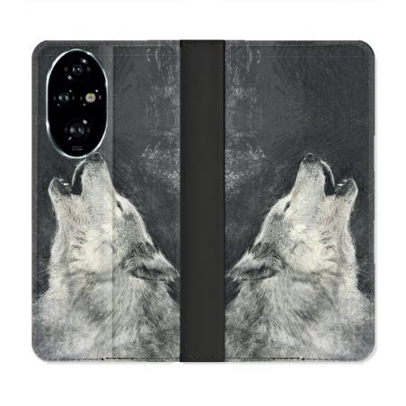 Housse cuir portefeuille Pour Honor 200 Pro 5G Animal Loup Hurlement