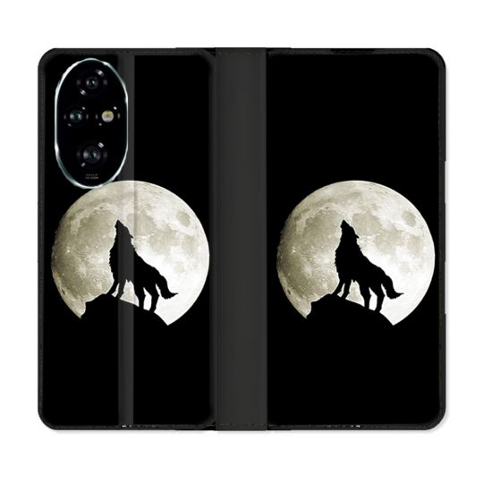 Housse cuir portefeuille Pour Honor 200 Pro 5G Animal Loup Noir