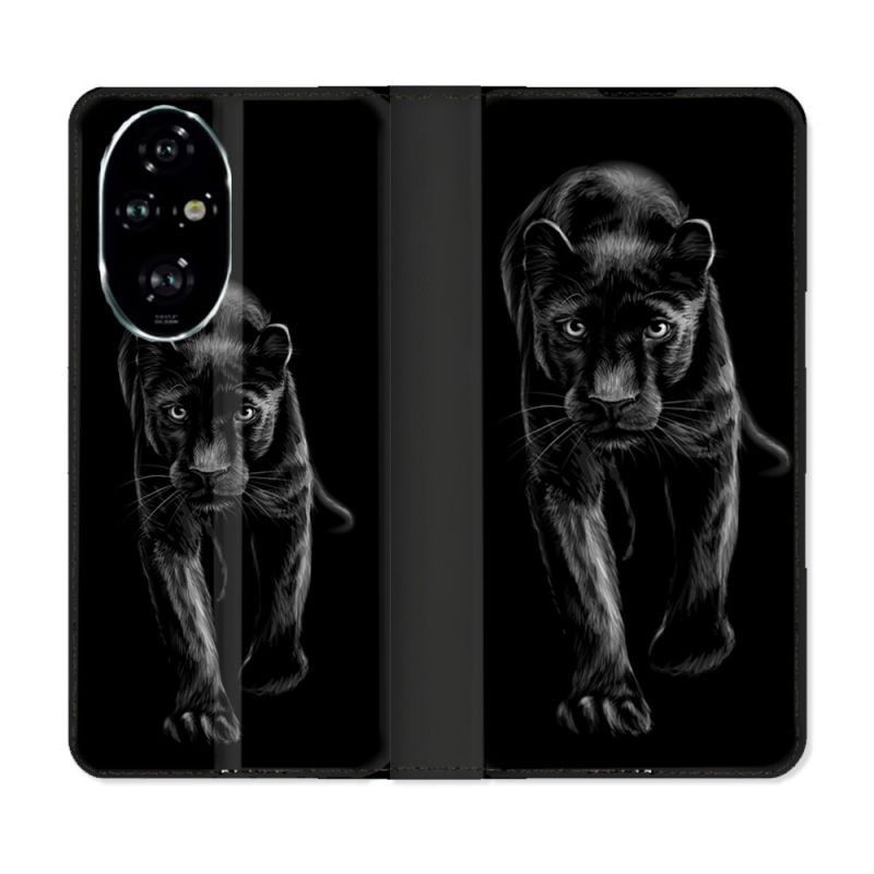 Housse cuir portefeuille Pour Honor 200 Pro 5G Animal Panthère Noire