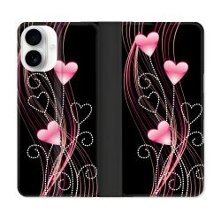 Housse cuir portefeuille Pour Iphone 17 Amour Coeur Rose Montant sur Noir