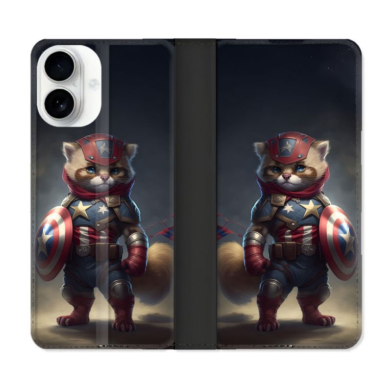 Housse cuir portefeuille Pour Iphone 17 Animal Chat America