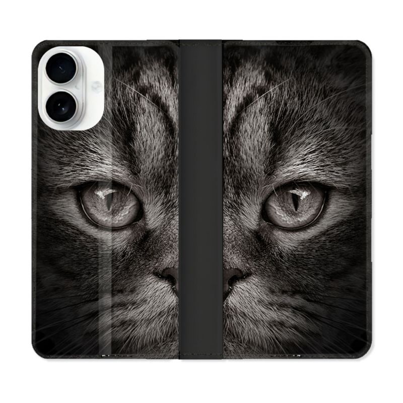 Housse cuir portefeuille Pour Iphone 17 Animal Chat Gris