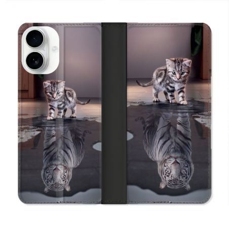 Housse cuir portefeuille Pour Iphone 17 Animal Chat Reflet
