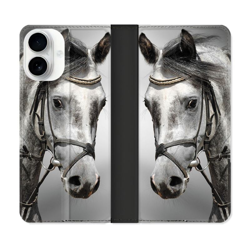 Housse cuir portefeuille Pour Iphone 17 Animal Cheval Blanc