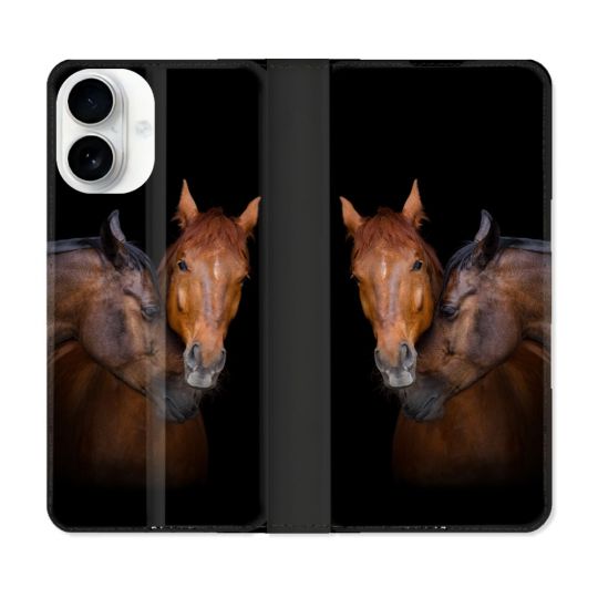 Housse cuir portefeuille Pour Iphone 17 Animal Cheval Marron