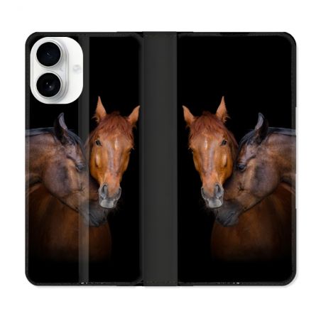 Housse cuir portefeuille Pour Iphone 17 Animal Cheval Marron