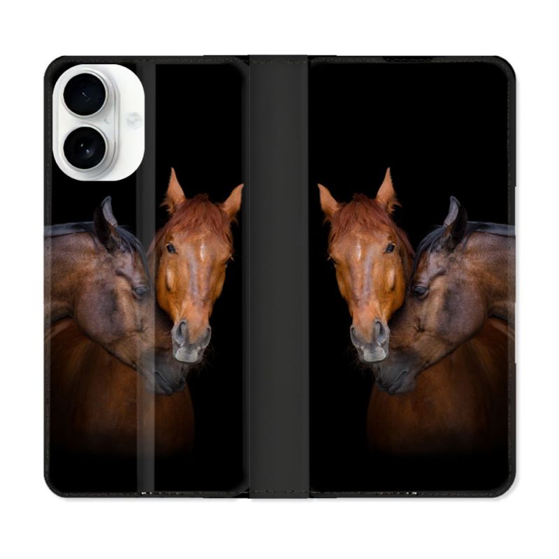 Housse cuir portefeuille Pour Iphone 17 Animal Cheval Marron