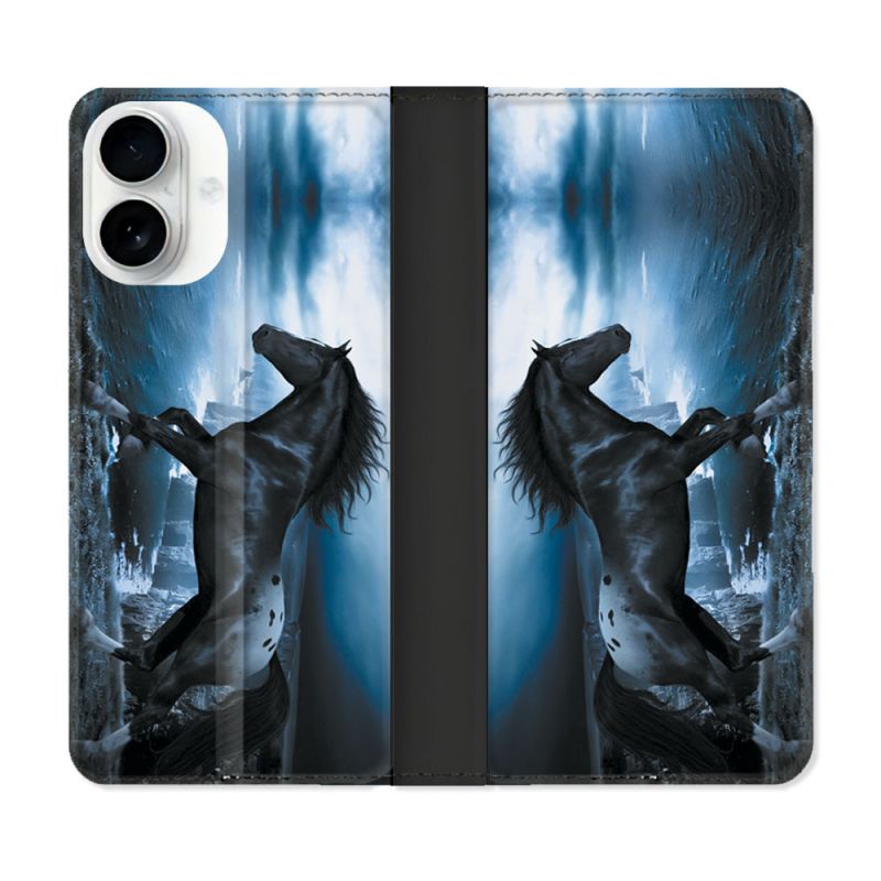 Housse cuir portefeuille Pour Iphone 17 Animal Cheval Noir