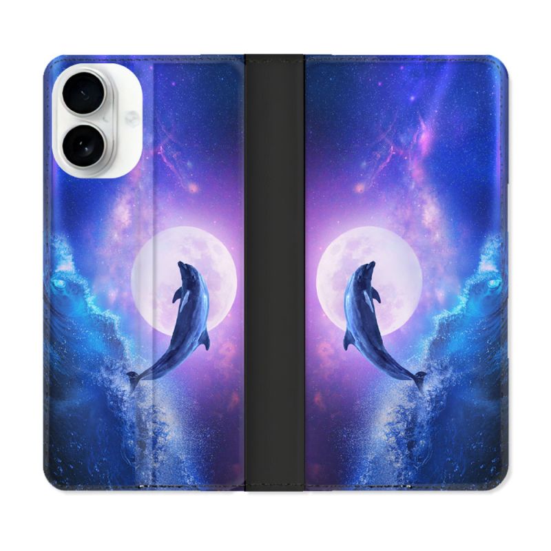 Housse cuir portefeuille Pour Iphone 17 Animal Dauphin Vague